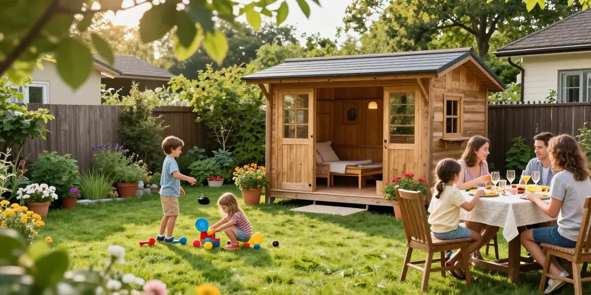 Familie genießt die Zeit im Garten rund um ein stilvolles Garten Haus mit bunten Blumen und Sonnenschein.