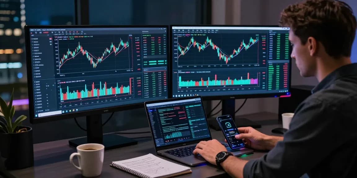 Edimakor bei der Überwachung von Bitcoin-Trading-Charts und DeFi-Plattformen in einer modernen Handelsumgebung