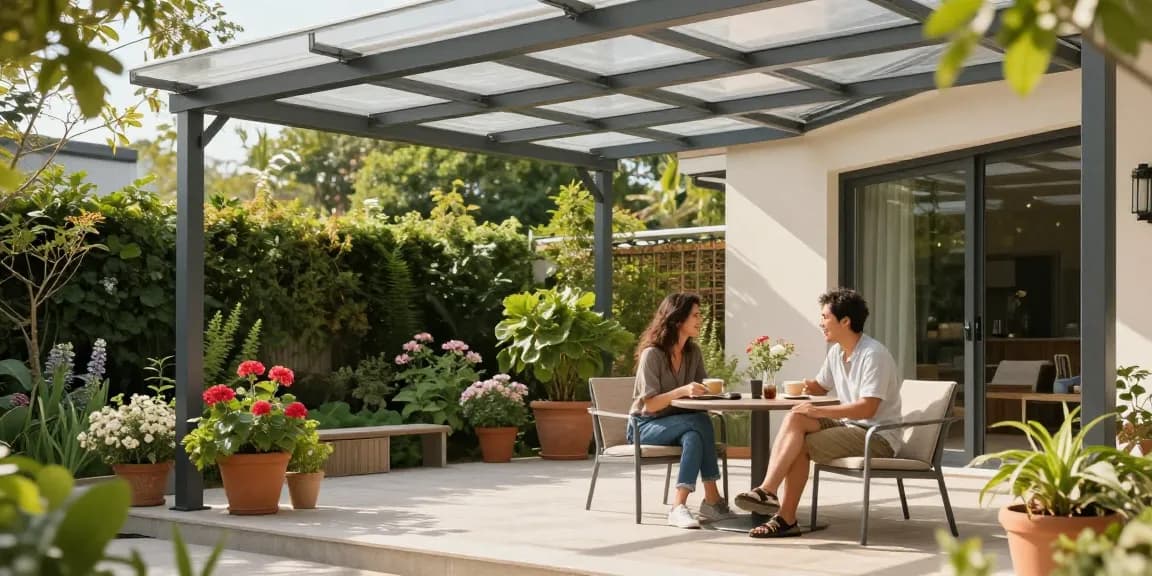 Eine Terrassenüberdachung schützt die Terrasse und schafft eine einladende Atmosphäre für entspannte Nachmittage.
