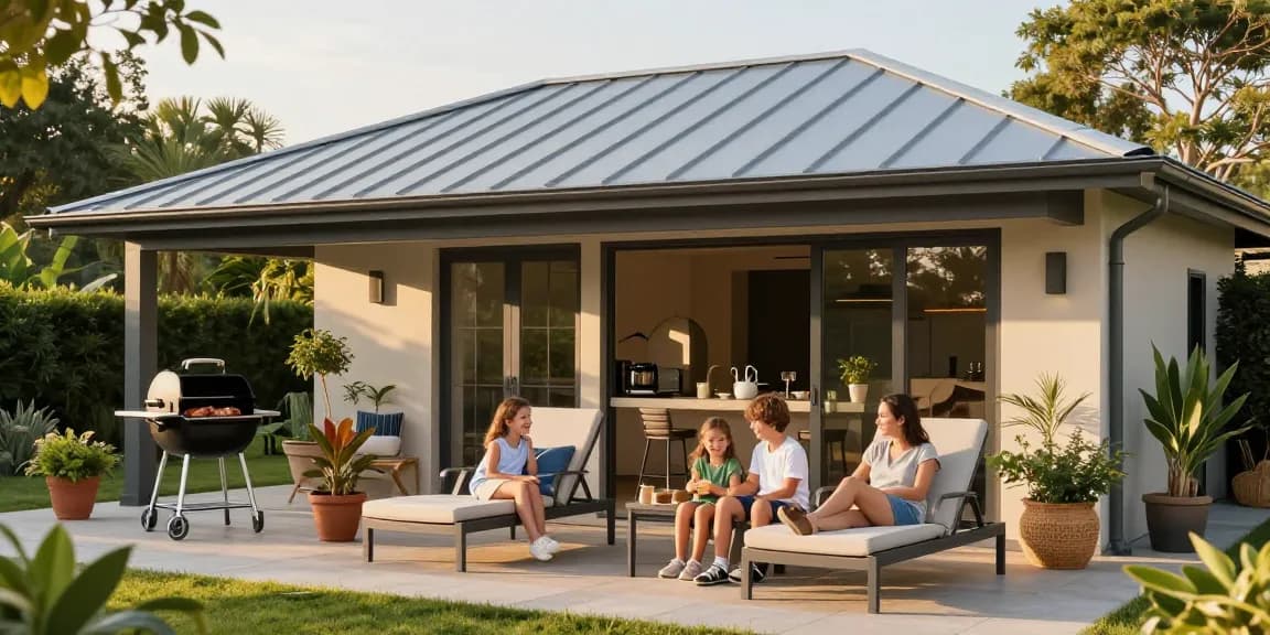 Moderne Terrassenüberdachungen in einem stilvollen Außenbereich mit Familienfeier.