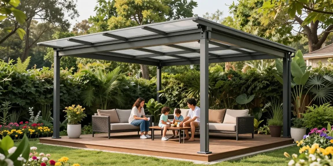 Freistehende Terrassenüberdachung mit UV-Schutz unter der Familie im Garten.