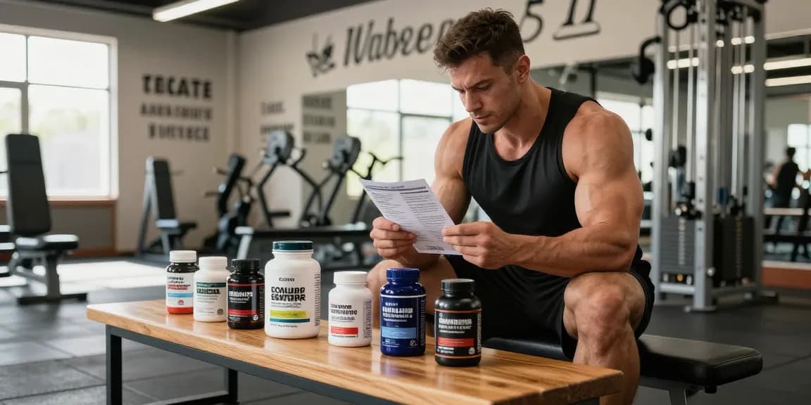 Ein Bodybuilder im Anabolika Shop, der sorgfältig ein Produkt betrachtet, umgeben von Steroidpackungen in einem dynamischen Fitnessstudio.