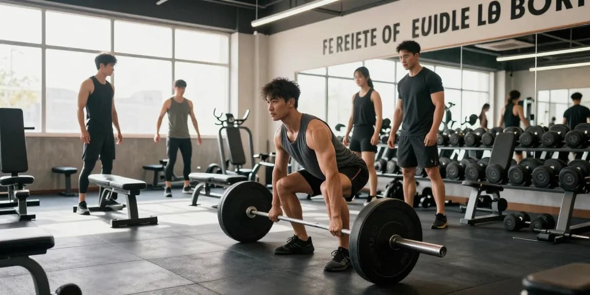 Selliza Shop Kundentraining im modernen Fitnessstudio mit Bodybuilder bei schwerem Training