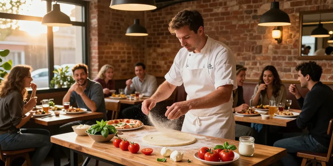 Delicious pizza preparation at Pizzeria Madera showcasing pg soft techniques with fresh ingredients and vibrant ambiance.